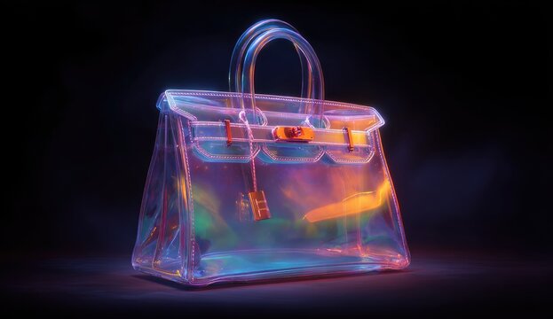 Holographic handbag in iridescent plastic, vibrant colors