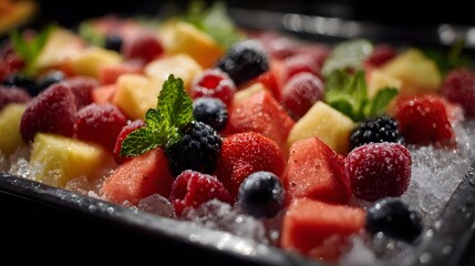 Assortment of sliced fresh fruits on an icy tray at a buffet display