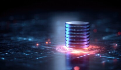 Futuristic data storage cylinder on a digital network