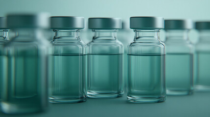 Close up of glass vials filled with clear liquid arranged in row, evoking sterile and clinical atmosphere in laboratory setting