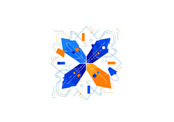 Geometric abstract snowflake design with orange and blue shapes on a white background