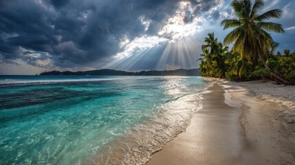 Tropical beach with turquoise water, palm trees and dramatic sun rays breaking through storm clouds