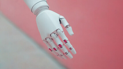 Close up of white robotic hand with metallic joints against soft pink and gray background, showing advanced technology and precision