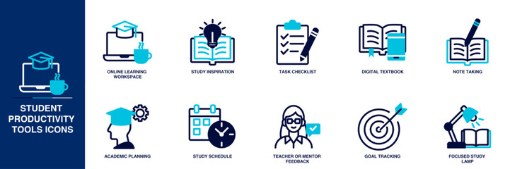 Fototapeta premium Student Productivity Tools Blue Colored Outline Icon Set