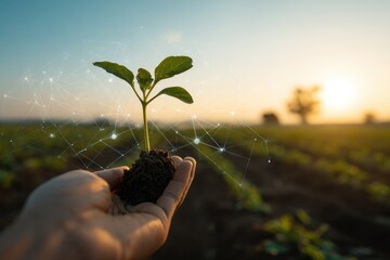 Hand holding small sprout,  digital network overlay, sunrise, farmland