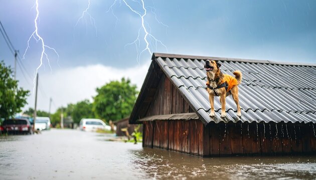 Dog on flooded roof during thunderstorm