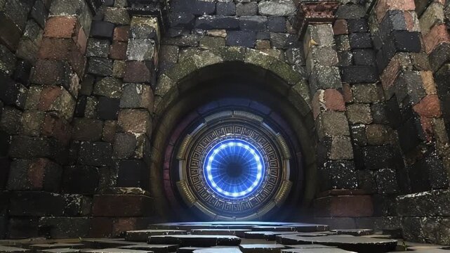 Aged stone archway with futuristic portal