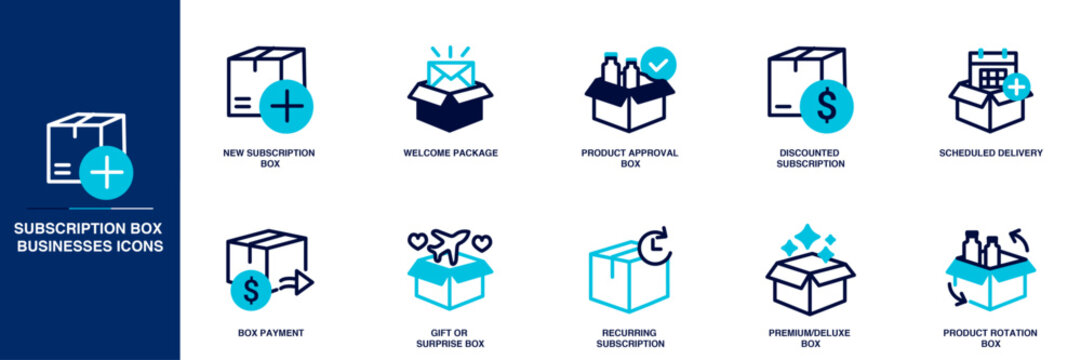 Subscription Box Businesses Blue Colored Outline Icon Set