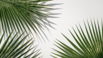 Obraz premium Fresh green palm leaves cast elegant shadows on a bright white background.