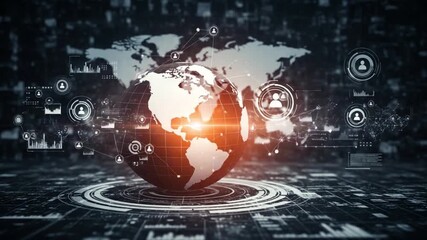 Global network visualization with digital interface and world map in dark futuristic style - Powered by Adobe
