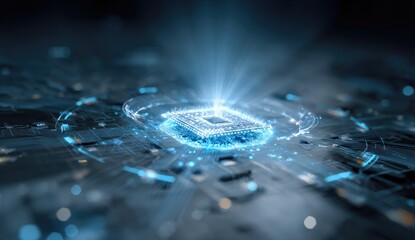 High-tech CPU on circuit board, glowing light