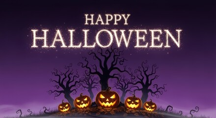 Spooky Halloween night with glowing jack-o'-lanterns and gnarled trees