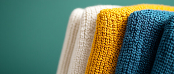 Knitted fabric in white, yellow, and blue colors stacked closely with soft texture and cozy appearance for warm clothing or decor