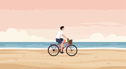 Fototapeta premium Beach ride Person on a bike on beach, sky, sea backdrop
