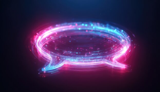 Neon speech bubble, swirling, glowing, with bright pink and blue light effects