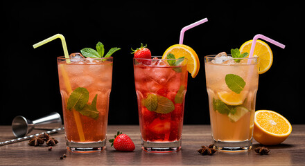 Fototapeta premium A Colorful tropical cocktail drinks garnished with fresh fruit and ice