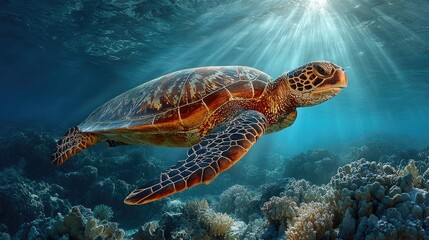 Sea turtle glides through sunlit coral reef