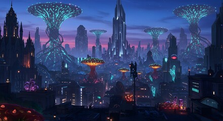Fototapeta premium Cityscape with Illuminated Sci-fi Structures at Dusk