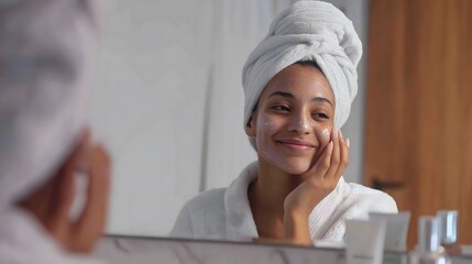 Smiling woman with towel on head looking in bathroom mirror, skincare and self-care morning routine with natural beauty, relaxation, and wellness lifestyle concept