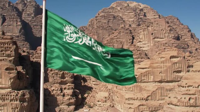 Saudi Arabia Flag Waving in Desert Mountains.