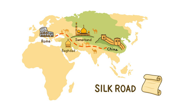 illustration of history and trading, Ancient Silk Road, silk trade with China, The Silk Road was a network of trade routes connecting China and the Far East with the Middle East and Europe