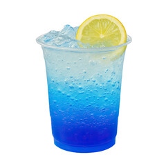 Colorful refreshing drink with ice and lemon slice.