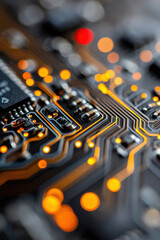 Fototapeta premium Macro of circuit board with glowing paths, tech background