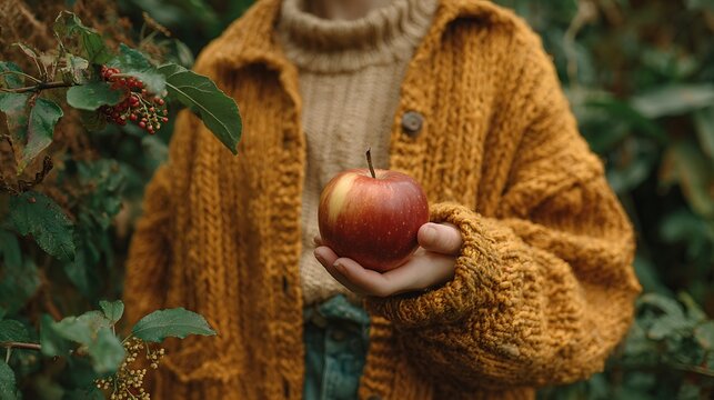 A person in a cozy, autumnal outfit holds a red apple in a lush, green forest setting.
