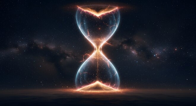 Hourglass with glowing energy, surrounded by a dark, starry, cosmic background, symbolizing time and its ethereal nature.