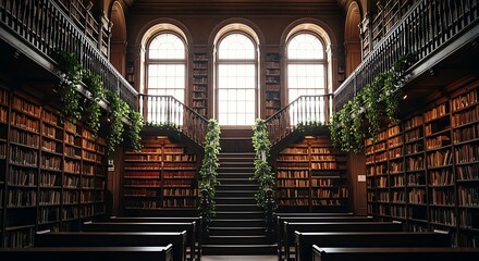 Grand Library Interior with Bookshelves and Plants.
