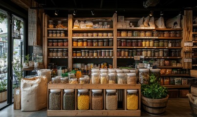 Zero waste grocery store emphasizing sustainable shopping with eco-friendly practices. Bulk bins, reusable containers, and a variety of organic products, highlighting a green lifestyle, Generative AI