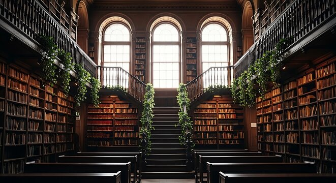 Grand Library Interior with Bookshelves and Plants.
