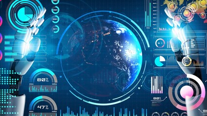 Obraz premium AI-powered global network interface enabling real-time data interaction, virtual assistant support, and artificial intelligence-driven internet communication insights. Thunk