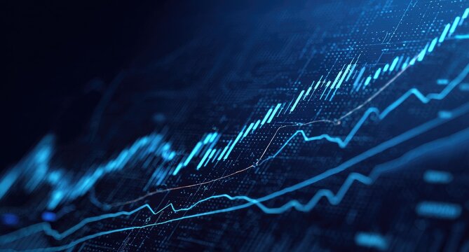 Abstract financial data visualization. Complex network of rising stock chart lines in a dark blue background