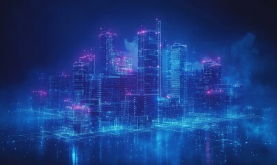 Smart city on a dark blue background, featuring intelligent infrastructure and connected buildings, showcasing IoT, 5G, and AI integration in futuristic urban environments, Generative AI
