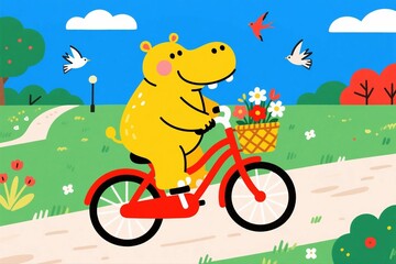 Naklejka premium Happy Yellow Hippo Cycling with Flower Basket on Scenic Park Path