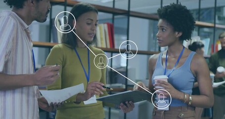 Business meeting sparking coworkers examining docs while animated network overlay connecting roles - Powered by Adobe