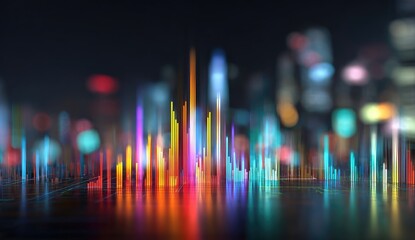 Abstract cityscape, data visualization. Colorful, vertical data bars overlaid on a blurry night cityscape