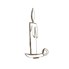 Hand drawn candle with melting wax in candlestick on black background simple sketch illustration