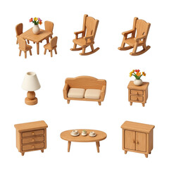 3d set of miniature wooden furniture for dollhouses isolated on transparent background