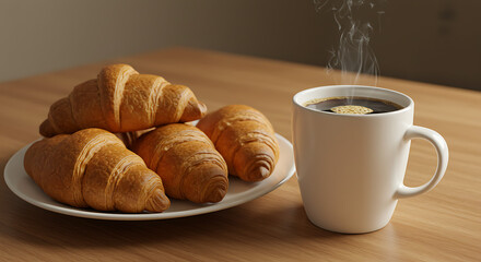 Morning breakfast with a fresh cup of coffee and crispy croissants on table, cozy lifestyle and delicious food concept.