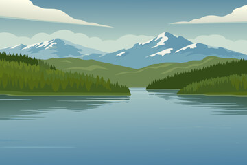 serene mountain landscape with lake and trees under a blue sky
