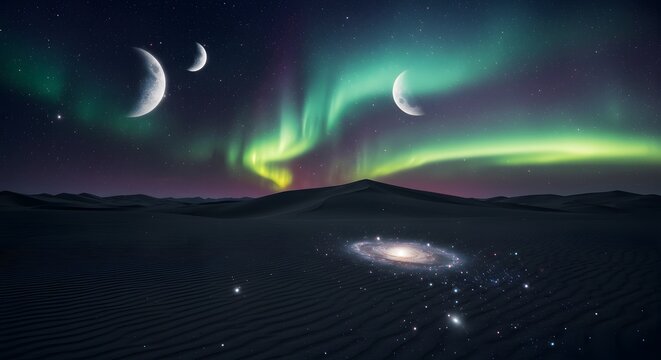 A surreal landscape featuring a desert under a vibrant aurora borealis sky with multiple moons and a galaxy reflected in the sand. - Powered by Adobe