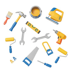 3d set of construction tools and painting supplies isolated on transparent background