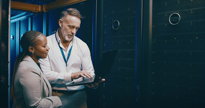 Cybersecurity, laptop and problem solving with people in server room together for network upgrade. Administration collaboration and computer with tech support team in data center for maintenance - Powered by Adobe