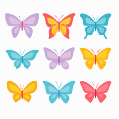 Obraz premium Butterfly icon set with colorful wings, silhouette, and abstract forms. Perfect for nature, beauty, spring, and decorative projects in vector flat design. 