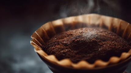 Coffee brewing in progress Grounds in a filter with hot water pouring over them