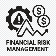 Financial Risk Management Icon – Gear, Dollar Signs, Warning Symbol & Trend Arrow.