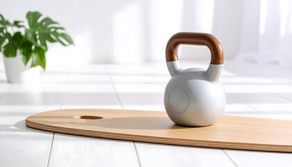Grey Kettlebell on Light Wooden Board in Bright Room