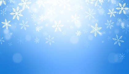 Bright winter holiday background with gently falling white snowflakes on a soft blue gradient and glowing light